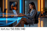 A woman is sitting at a desk with a laptop in front of her. Стоковое AI-изображение, AI-художник Ярославский Максим / Фотобанк Лори