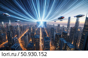 A cityscape with a bright blue sky and a few flying cars. Стоковое AI-изображение, AI-художник Ярославский Максим / Фотобанк Лори