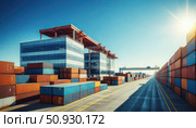 A large building with a lot of containers stacked up next to it. Стоковое AI-изображение, AI-художник Ярославский Максим / Фотобанк Лори