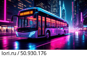 A neon bus is driving down a city street. Стоковое AI-изображение, AI-художник Ярославский Максим / Фотобанк Лори