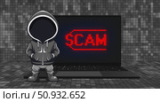 Vector 3d mobile computer. Red word scam on screen. Gray cartoon anonymous faceless scammer in hoodie, hands in pockets. Toon standing little man bandit. Pixel mosaic background. Стоковая иллюстрация, иллюстратор GAlexS / Фотобанк Лори