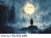 A mysterious silhouette of a lone warrior or shaman standing on a rock in front of a huge full moon. A dark forest shrouded in thick fog is reflected in calm water. The atmosphere is filled with magic, uneasy calm and a premonition of something ancient and important. This mystical fantasy scene is perfect for book covers, concept art, posters, music albums and other projects in the genres of dark fantasy, horror or epic drama. Стоковое AI-изображение, AI-художник Анна Кривицкая / Фотобанк Лори
