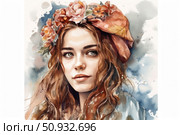 Watercolor portrait of a young woman with long wavy hair and expressive eyes. On her head is a bright headdress decorated with fresh flowers, which gives the image a light ethnic or folkloric note. Her gaze is directed to the side, expressing dreaminess and inner strength. Ideal for book illustrations, posters, themes of nature, femininity, romance, traditions and art. Стоковое AI-изображение, AI-художник Анна Кривицкая / Фотобанк Лори