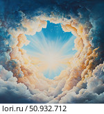 An inspiring painting of bright light breaking through thick clouds. The composition creates the effect of a heavenly portal or divine revelation. Warm and cool shades of clouds, rays of light directed towards the viewer, are associated with hope, ascension, the beginning of a new path. This painting can be used in a religious context, for themes of inspiration, spirituality, freedom and eternity. Стоковое AI-изображение, AI-художник Анна Кривицкая / Фотобанк Лори