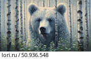 Голова бурого медведя  на фоне леса. Масло, иппасто. Стоковое AI-изображение, AI-художник Владимир Уткин / Фотобанк Лори