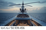 Luxury Yacht With Helicopter on Deck Cruising at Sunset Over Calm Ocean. Стоковое AI-видео, аниматор Юлия Гапеенко / Фотобанк Лори
