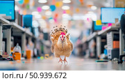 Quirky avian invasion: A bantam chicken explores a bustling office space. Стоковое AI-изображение, AI-художник Данила Большаков / Фотобанк Лори
