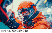 Emergency response: Close-up of rescuers in orange safety gear with helmets, offering assistance during a crisis situation. Стоковое AI-изображение, AI-художник Данила Большаков / Фотобанк Лори