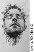 Fractured Identity: Abstract Portrait of a Man with Closed Eyes, Depicting Fragmentation and Psychological Stress. Стоковое AI-изображение, AI-художник Данила Большаков / Фотобанк Лори