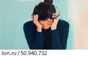 Artistic concept of a portrait depicting a woman with head in hands symbolizing stress, painting in muted colors. Стоковое AI-изображение, AI-художник Данила Большаков / Фотобанк Лори