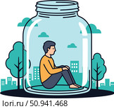 Метафора самоизоляции. Человек в стеклянной банке наблюдает за жизнью снаружи, но не может выйти, символизируя отстраненность, одиночество и упущенные возможности. Стоковое AI-изображение, AI-художник Ирина Першина / Фотобанк Лори