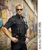 Middle Aged Police Officer Standing in Urban Alleyway. Generative AI. Стоковое AI-изображение, AI-художник Roman Zavorotny / Фотобанк Лори