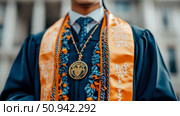 Graduation ceremony: Close-up of graduate wearing academic regalia, sash, honor cords, and a medallion signifying academic achievement. Стоковое AI-изображение, AI-художник Данила Большаков / Фотобанк Лори