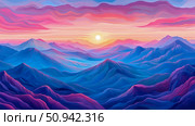 Abstract Nature Concept: Mountain Range at Sunset with Textured Linear Brushwork. Стоковое AI-изображение, AI-художник Данила Большаков / Фотобанк Лори