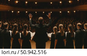Choir performance on stage with conductor leading singers in formal attire. Стоковое AI-видео, аниматор Екатерина Усенко / Фотобанк Лори