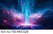 Digital Nexus: A Landscape where binary data streams converge amidst mountain range under a starry night, creating a glowing, futuristic horizon. Стоковое AI-изображение, AI-художник Данила Большаков / Фотобанк Лори