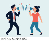 Метафора неспособности слышать друг друга в конфликте. Две фигуры кричат в мегафоны, символизируя агрессивный спор, непонимание и коммуникационные барьеры. Стоковое AI-изображение, AI-художник Ирина Першина / Фотобанк Лори