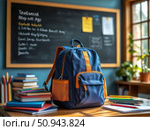 A blue and orange backpack sits on a desk in front of a chalkboard with a list o. Стоковое AI-изображение, AI-художник Ярославский Максим / Фотобанк Лори