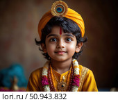 A young child wearing a yellow outfit and a turban is smiling. Стоковое AI-изображение, AI-художник Ярославский Максим / Фотобанк Лори