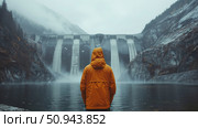 The Majestic Dam situated in the enchanting Misty Mountains A Solitary Adventurers Deep Reflection on Nature. Стоковое AI-изображение, AI-художник Anastasy Yarmolovich / Фотобанк Лори