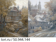 Double illustration in the style of fairy-tale graphics, depicting wooden carved houses against the background of domed churches and nature. The left part is filled with warm autumn shades, the right - with cold winter tones. Complex architecture, carved facades, smoke from chimneys and village paths create an atmosphere of coziness, antiquity and magic. Ideal for decorating fairy tales, calendars, book covers, interior posters and art projects on the theme of Russian culture. Стоковое AI-изображение, AI-художник Анна Кривицкая / Фотобанк Лори