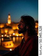 A soulful figure stands contemplative against a backdrop of Jerusalems illuminated skyline at dusk. The blend of watercolor style enhances the divine atmosphere Generative AI. Стоковое AI-изображение, AI-художник Юлия Петровская / Фотобанк Лори