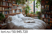 Bohemian Reading Nook: Cozy Bedroom Interior with Brick Walls, Bookshelves, Plants, and Open Book on White Bedding. Стоковое AI-изображение, AI-художник Данила Большаков / Фотобанк Лори