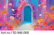 Floral Archway Leading to Blue Doorway, Impressionistic Dreamscape. Стоковое AI-изображение, AI-художник Данила Большаков / Фотобанк Лори