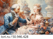 A romantic rococo scene depicting an 18th century aristocratic couple in luxurious attire. The man in a blue lace waistcoat and the woman in a lush dress with pink frills exchange a tender gesture - he offers her fruit, she smiles with the grace of a royal person. The background is an exquisite interior with columns, flowers, vases and sculptures. The atmosphere is saturated with the spirit of the Age of Enlightenment, gallantry and refinement. Ideal for themes of art, fashion history, romance and aesthetics of the past. Стоковое AI-изображение, AI-художник Анна Кривицкая / Фотобанк Лори