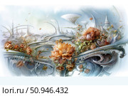 A fantastic cityscape with elements of biomorphic design and future architecture. The frame features graceful arches, domes, bridges and buildings, organically intertwined with giant flowers and plants. The composition is made in soft watercolor tones, creating a feeling of airiness, utopia and the fusion of nature with high technology. The picture seems to float between worlds - it could be a fairy-tale planet or a metaphor for a harmonious future. Suitable for projects on the topic of ecology, futurism, architectural concepts and science fiction. Стоковое AI-изображение, AI-художник Анна Кривицкая / Фотобанк Лори