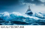 A brave tugboat navigating through a stormy sea, battling large waves under a cloudy sky, symbolizing resilience and marine adventure. Стоковое AI-изображение, AI-художник Данила Большаков / Фотобанк Лори