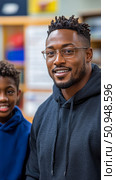 A heartwarming family portrait featuring a father and son smiling, embodying connection, happiness and a loving bond. Стоковое AI-изображение, AI-художник Данила Большаков / Фотобанк Лори