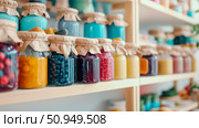 Display of assorted homemade jams and preserves on a wooden shelf, perfect for pantry storage or kitchen decoration. Стоковое AI-изображение, AI-художник Данила Большаков / Фотобанк Лори