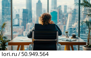 Contemplative moment: Professional figure gazing at a sprawling metropolis from a high-rise office during work hours. Стоковое AI-изображение, AI-художник Данила Большаков / Фотобанк Лори