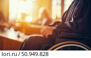 Concept: Justice system; Senior judge sits in courtroom in wheelchair wearing judicial robe, symbolizing law, accessibility, and authority. Стоковое AI-изображение, AI-художник Данила Большаков / Фотобанк Лори