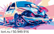 Concept: Wrecked vehicle. Illustrative depiction of a totalled automobile after collision. Стоковое AI-изображение, AI-художник Данила Большаков / Фотобанк Лори