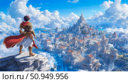 A warrior at the edge of the world, looking upon a sprawling city amidst the clouds. Стоковое AI-изображение, AI-художник Данила Большаков / Фотобанк Лори
