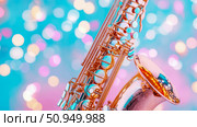 A shimmering brass saxophone bathed in a vibrant, ethereal glow of celebratory light orbs, ideal for a musical event or festive greeting card. Стоковое AI-изображение, AI-художник Данила Большаков / Фотобанк Лори