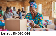Joyful African woman smiling while sorting donated supplies, a heartwarming scene of community support and charitable giving activity. Стоковое AI-изображение, AI-художник Данила Большаков / Фотобанк Лори