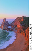 Ursa Beach, Cliffs and Ocean at Sunset. Portugal. Aerial View. Vertical Video. Стоковое видео, видеограф Максим Забаровский / Фотобанк Лори