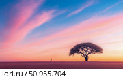 Lonely Wanderer: Person Walking Towards a Distant Tree Under a Pastel Sky. Стоковое AI-изображение, AI-художник Данила Большаков / Фотобанк Лори
