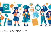 Vibrant flat illustration of diverse students and academic symbols, representing education, graduation, and future aspirations; ideal for a learning banner or prospectus. Стоковое AI-изображение, AI-художник Данила Большаков / Фотобанк Лори