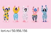 A vibrant illustration of diverse women celebrating, arms raised, against a gentle pink backdrop, conveying joy and collective empowerment, ideal for social media promotion or web graphic content. Стоковое AI-изображение, AI-художник Данила Большаков / Фотобанк Лори