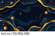Opulent Flowing Abstract with Golden Waves and Glittering Orbs on Deep Blue Hues for Elegant Presentation. Стоковое AI-изображение, AI-художник Данила Большаков / Фотобанк Лори
