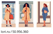 Illustrative portrayal of three fashionable women navigating daily city life, showcasing contemporary urban elegance and diverse everyday routines, perfect for social media, print, or web content. Стоковое AI-изображение, AI-художник Данила Большаков / Фотобанк Лори