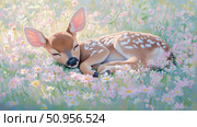 A peaceful innocent fawn sleeping among soft blooming flowers in a sunlit springtime meadow, ideal for nursery room art. Стоковое AI-изображение, AI-художник Данила Большаков / Фотобанк Лори