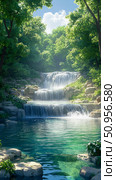 Serene multi-tiered waterfall cascades into a tranquil emerald pool amidst a vibrant, sun-dappled forest, depicting nature's refreshing beauty. Стоковое AI-изображение, AI-художник Данила Большаков / Фотобанк Лори