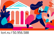 Energetic graphic portrayal of a determined woman with a backpack, in motion past a classical college edifice, for educational promotion. Стоковое AI-изображение, AI-художник Данила Большаков / Фотобанк Лори