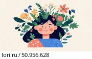 A joyful woman adorned with a vibrant floral crown, celebrating nature's beauty, perfect for a spring greeting card or uplifting poster. Стоковое AI-изображение, AI-художник Данила Большаков / Фотобанк Лори