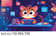 Cute tiger cub immersed in learning on a glowing tablet at a workstation surrounded by abstract data screens, concept for edtech or remote work. Стоковое AI-изображение, AI-художник Данила Большаков / Фотобанк Лори